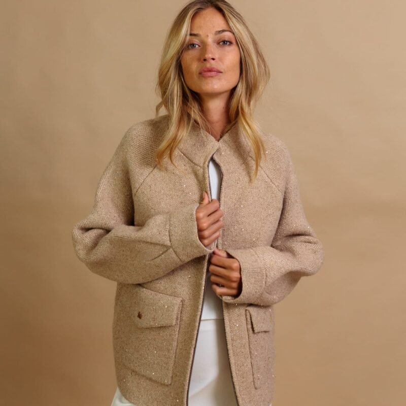 Giubbotto donna in maglia con zip e paillettes nero Patrizia Parma Criolite